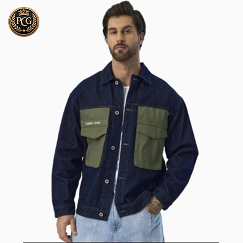 Big Pockets Patchwork Colorblock Striped Men Motorcycle Denim Jacket 1