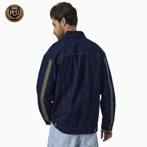 Big Pockets Patchwork Colorblock Striped Men Motorcycle Denim Jacket Back Side 2