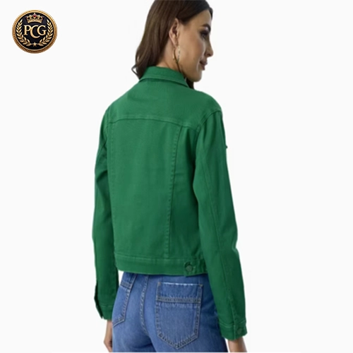 Bright Green Collar Down Long Sleeve Distressed Denm Jackets Back Side