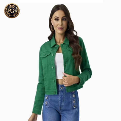 Bright Green Collar Down Long Sleeve Distressed Denm Jackets