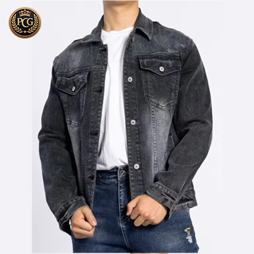 Dark Grey Stone Washed Denim Long Sleeve Men Denim Jacket