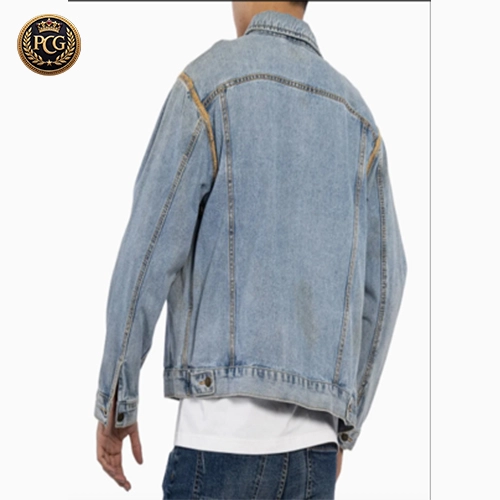 Light Blue Washed Contrast Stitching Collar Down Male Top Long Sleeve Men Denim Jacket Back Side