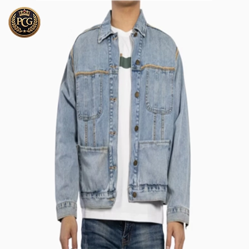 Light Blue Washed Contrast Stitching Collar Down Male Top Long Sleeve Men Denim Jacket