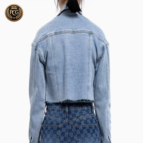 Women's Washed Blue Vintage Double Pocket Raw Edge Short Denim Jacket Back Side