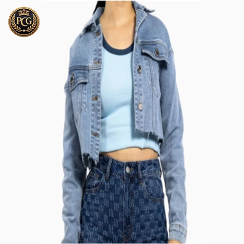 Women's Washed Blue Vintage Double Pocket Raw Edge Short Denim Jacket